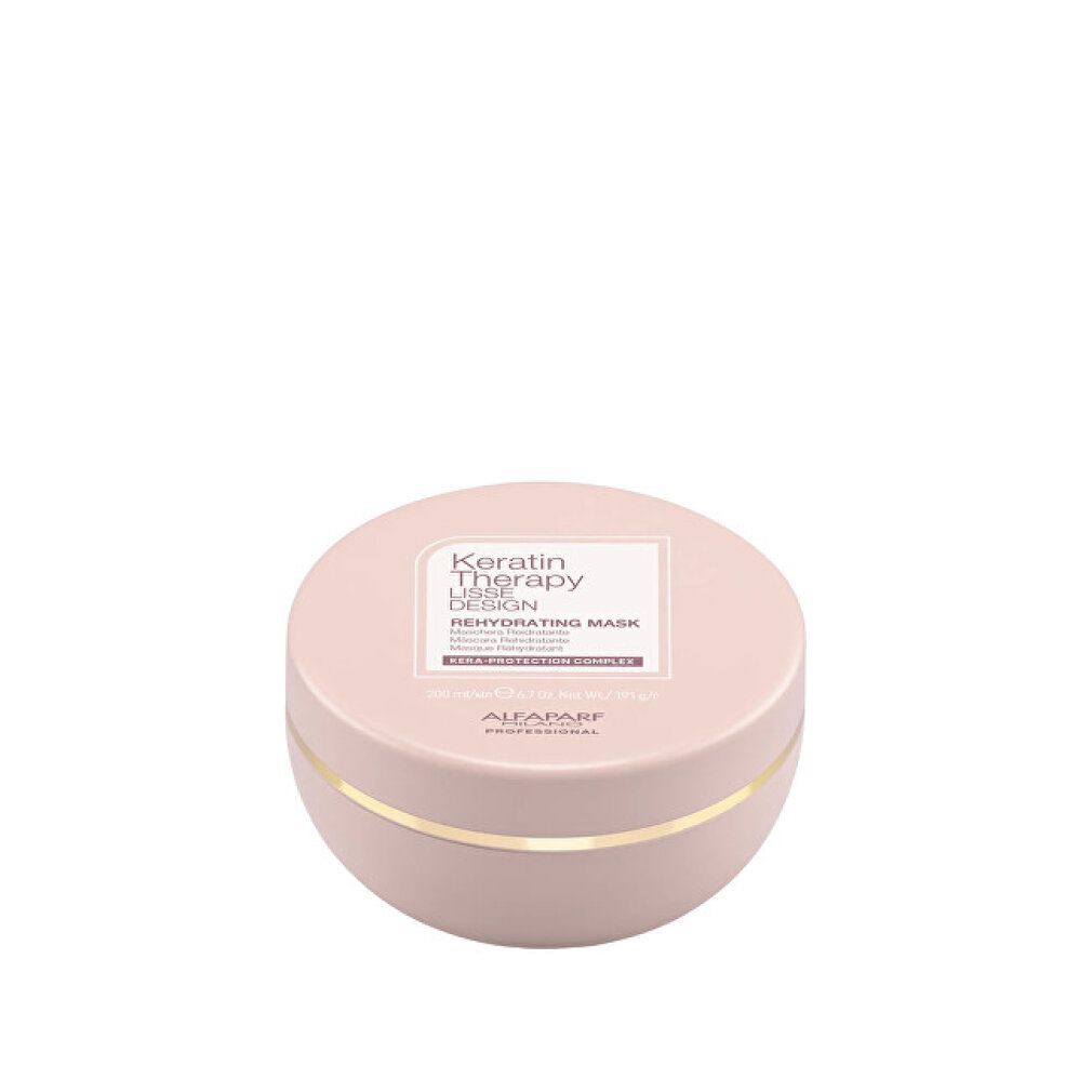 Barattolo rotondo rosa della Maschera Ristrutturante Lisse Design Keratin Therapy. Contiene KERA-PROTECTION COMPLEX.