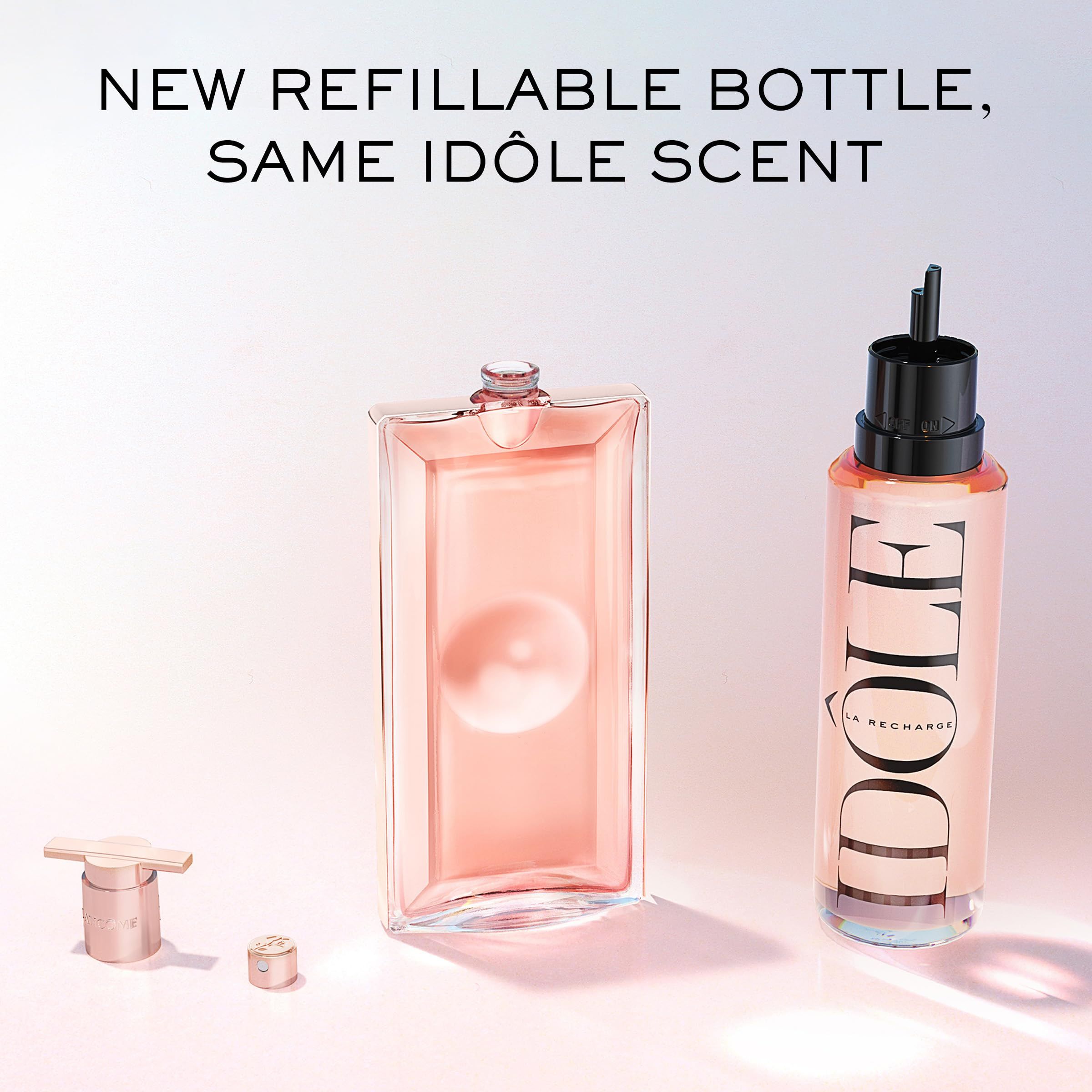 Flacone e ricarica IDÔLE, liquido rosa. Parti separate accanto.