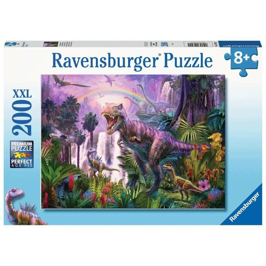 Scatola puzzle. Puzzle Ravensburger, 200 pezzi XXL. Scena con dinosauri, cascata e arcobaleno.