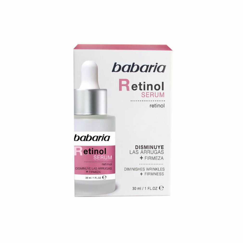 Flacone di siero Babaria Retinol con confezione. Flacone con pipetta, etichetta rosa, scatola bianca con nome e testo del prodotto.