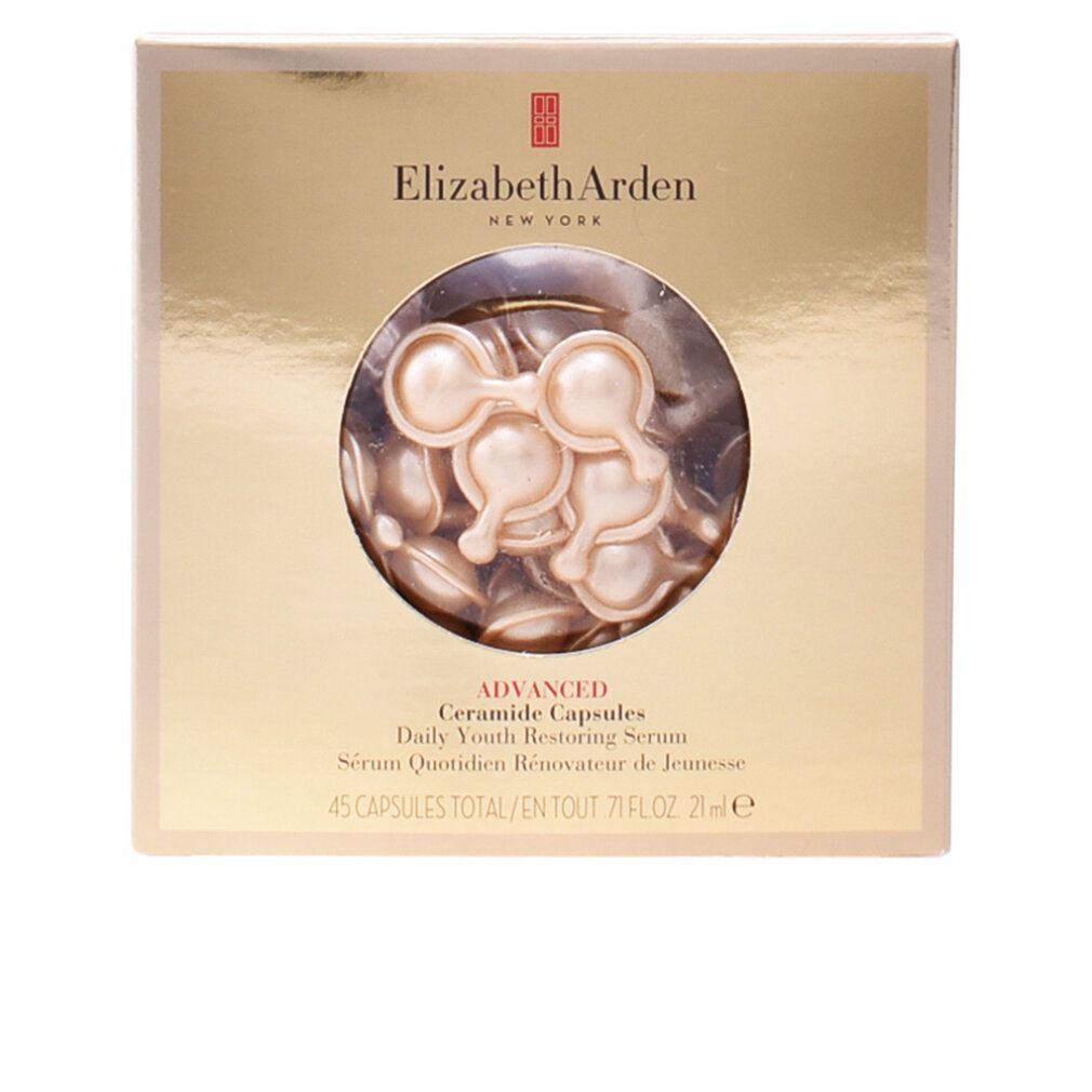 Scatola dorata con capsule di ceramidi. Scritta: Elizabeth Arden, Advanced Ceramide Capsules, Daily Youth Restoring Serum, 45 capsule.