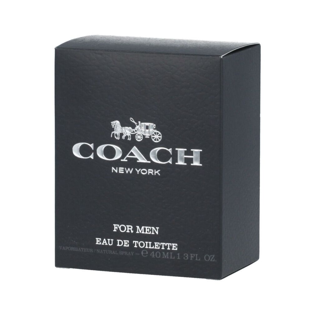 Scatola nera con logo e testo. Scritta: FOR MEN, EAU DE TOILETTE.