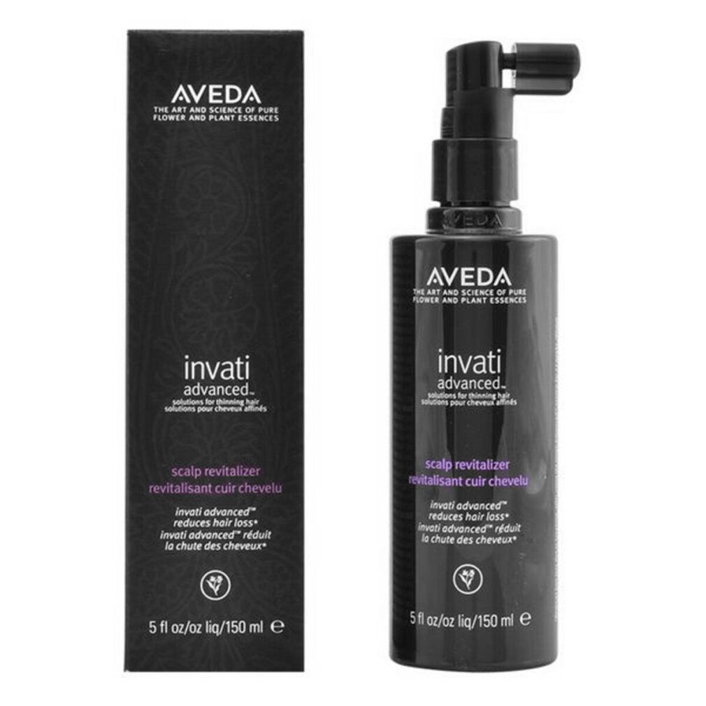 Aveda Invati Advanced Scalp Revitalizer. Flacone e confezione. Flacone nero, testo viola. Nome del prodotto e marchio visibili.
