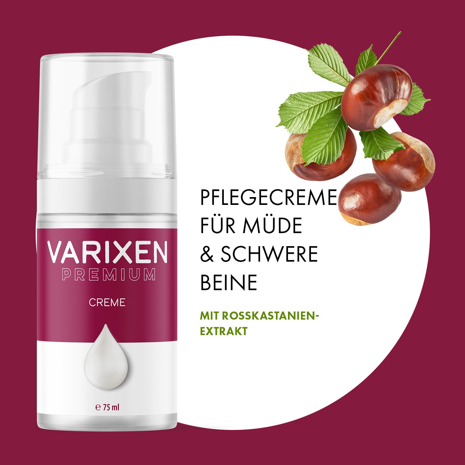 Flacone di Varixen Premium Creme. Testo: Crema per gambe stanche e pesanti. Con estratto di ippocastano. Castagne e foglie.