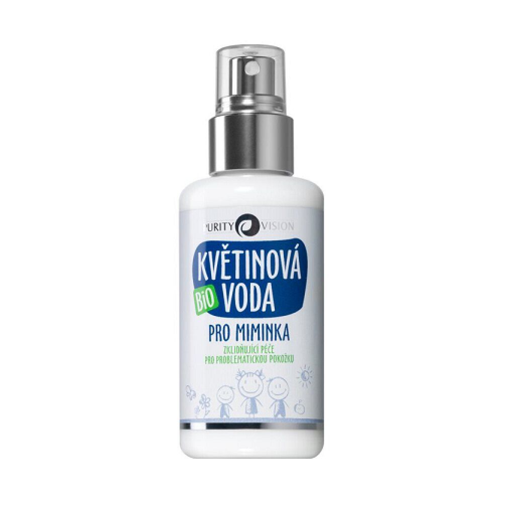Flacone spray bianco con erogatore argentato. L'etichetta riporta "KVĚTINOVÁ BIO VODA PRO MIMINKA" in blu e verde.