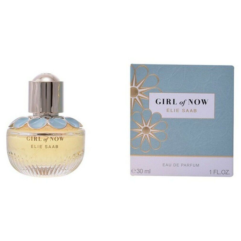 Flacone di profumo e scatola. Scritta: GIRL of NOW, ELIE SAAB. Scatola con motivo floreale e testo.