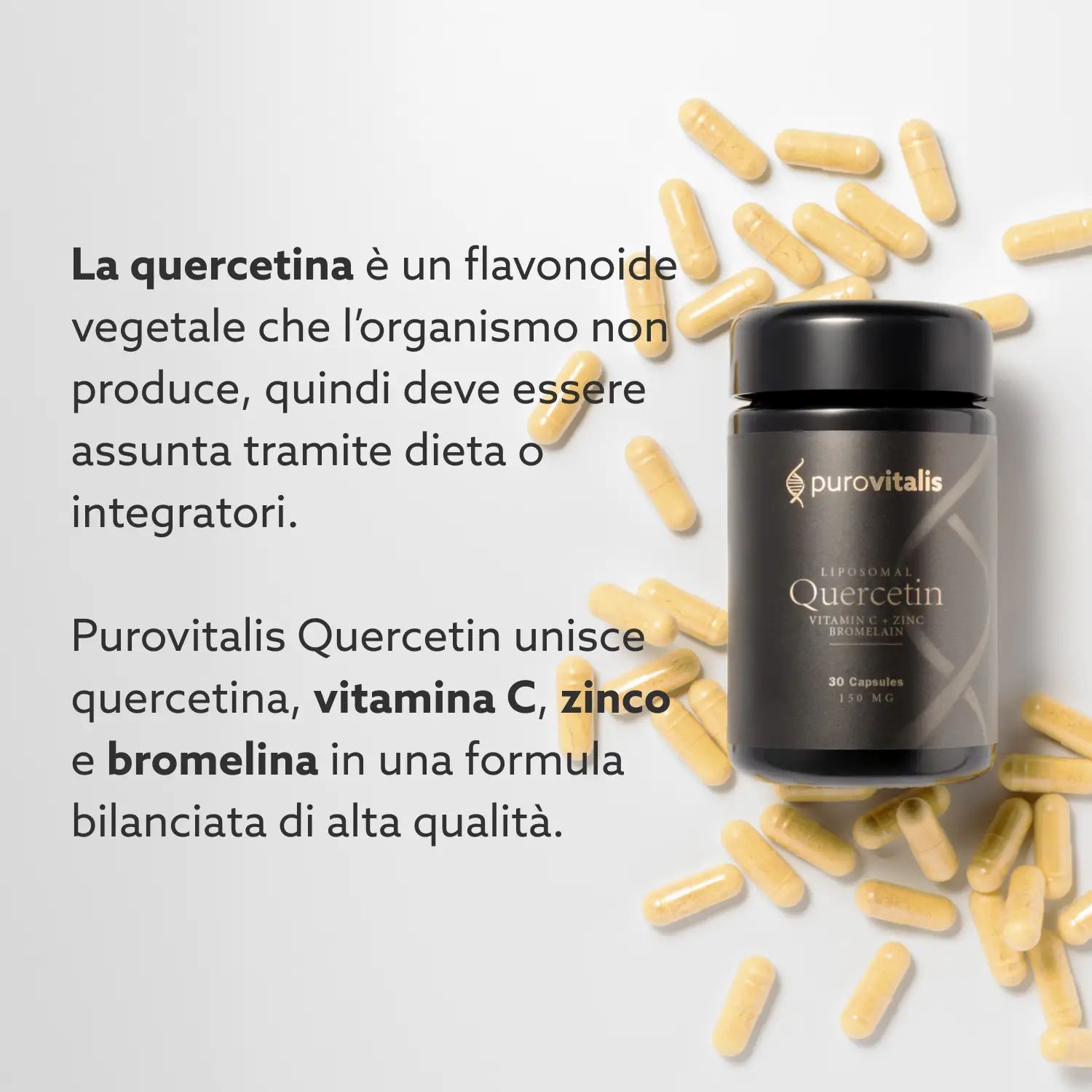 Flacone e capsule. Testo: La quercetina è un flavonoide che il corpo non produce. Purovitalis Quercetina con Vitamina C, Zinco & Bromelina.