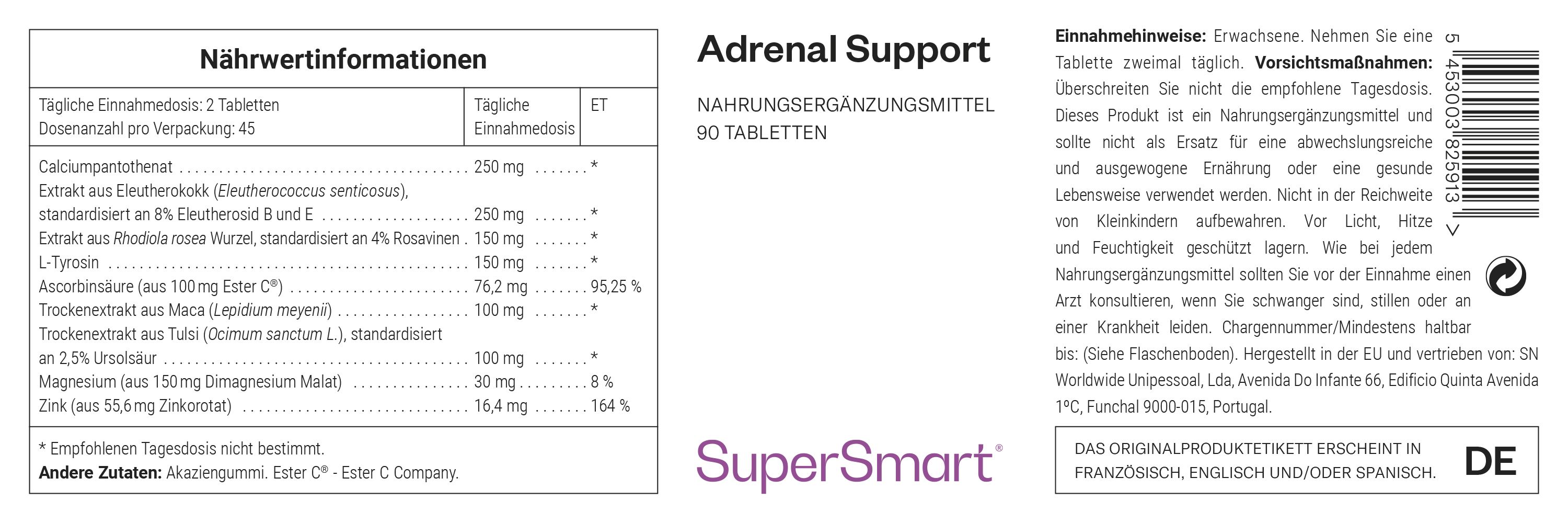Integratore alimentare Adrenal Support, 90 compresse. Contiene informazioni nutrizionali e ingredienti.