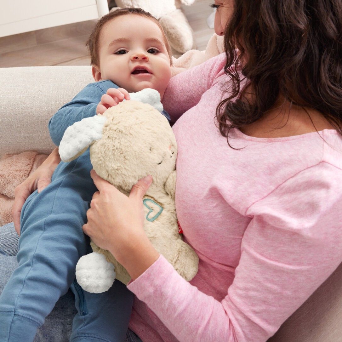 Bambino tiene coniglietto di peluche, seduto in grembo a una persona. Persona indossa top rosa.