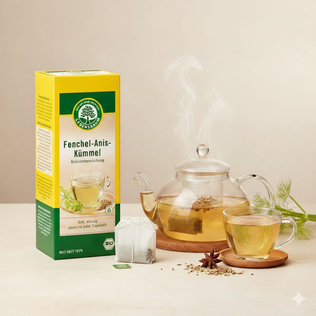Tè Lebensbaum Finocchio-Anice-Cumino: Teiera, tazza e bustina di tisana con preparato alle erbe.