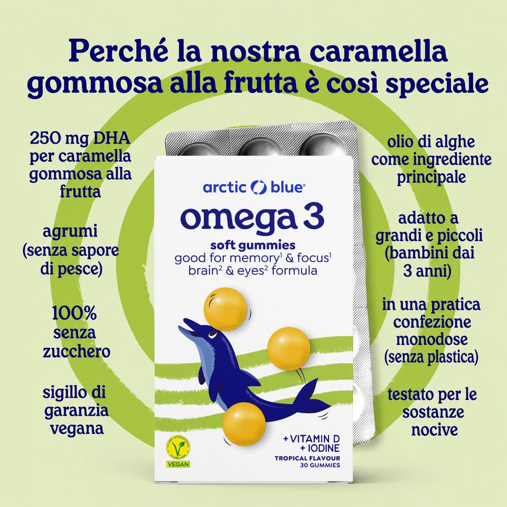 Gummy Arctic Blue Omega-3 accanto a un righello, benefici elencati.