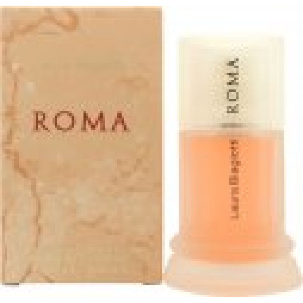 Flacone e confezione. Flacone cilindrico, liquido rosa chiaro. Confezione beige con scritta ROMA.