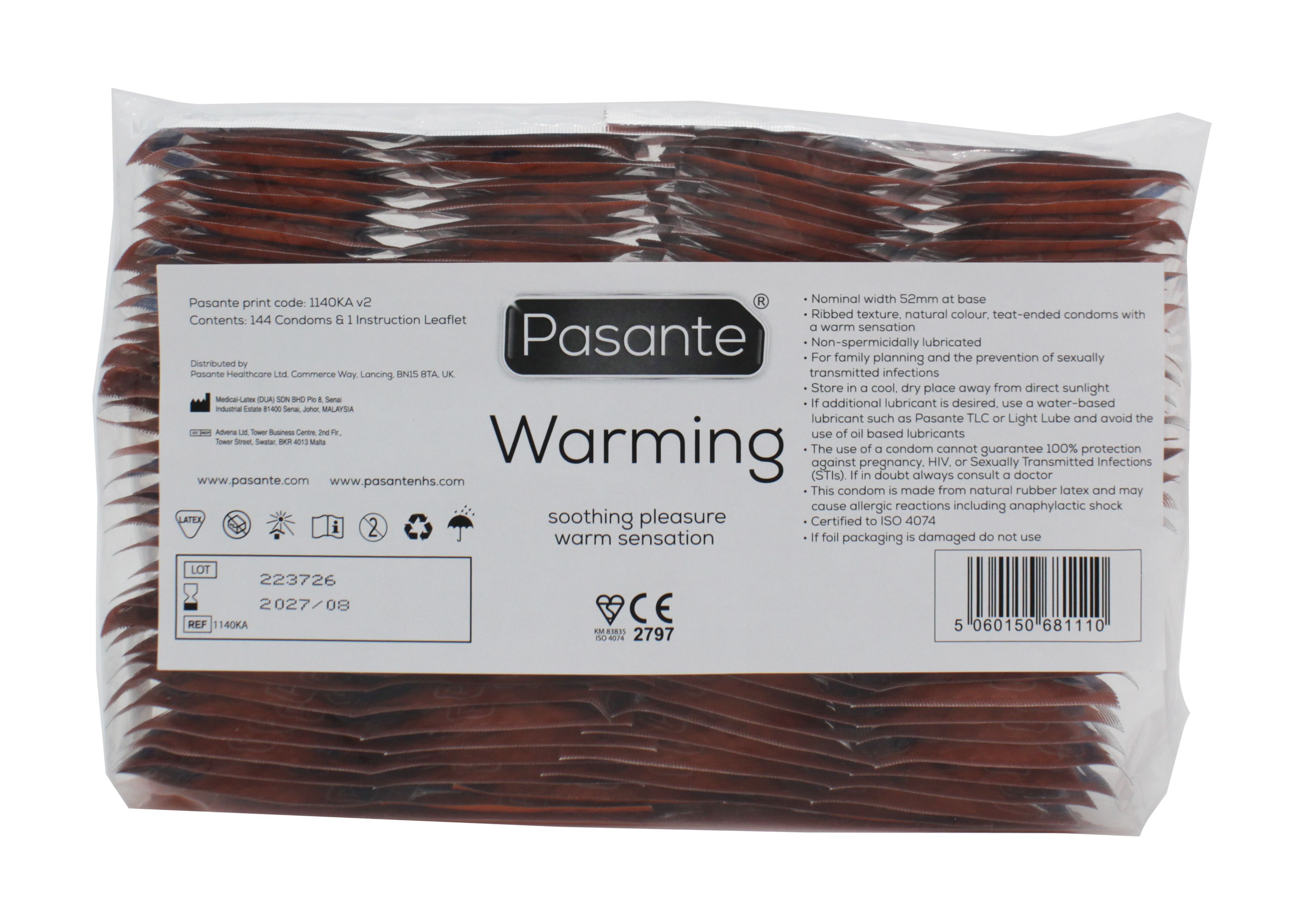 Confezione di preservativi Pasante Warming. Informazioni sul prodotto e marchio CE visibili.