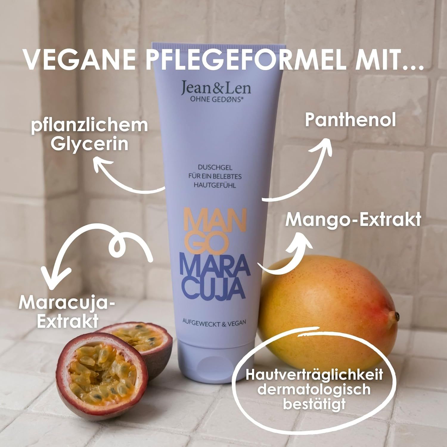 Tubo di gel doccia Mango & Maracuja, mango, metà frutto della passione. Testo: Formula di cura vegana con... Compatibilità cutanea dermatologicamente confermata.