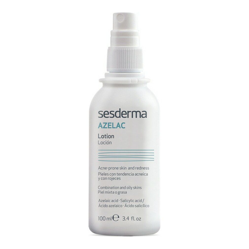Sesderma Azelac Lozione. Flacone bianco con vaporizzatore. Scritta: Azelac Lozione. Per pelli a tendenza acneica e arrossamenti. 100 ml.