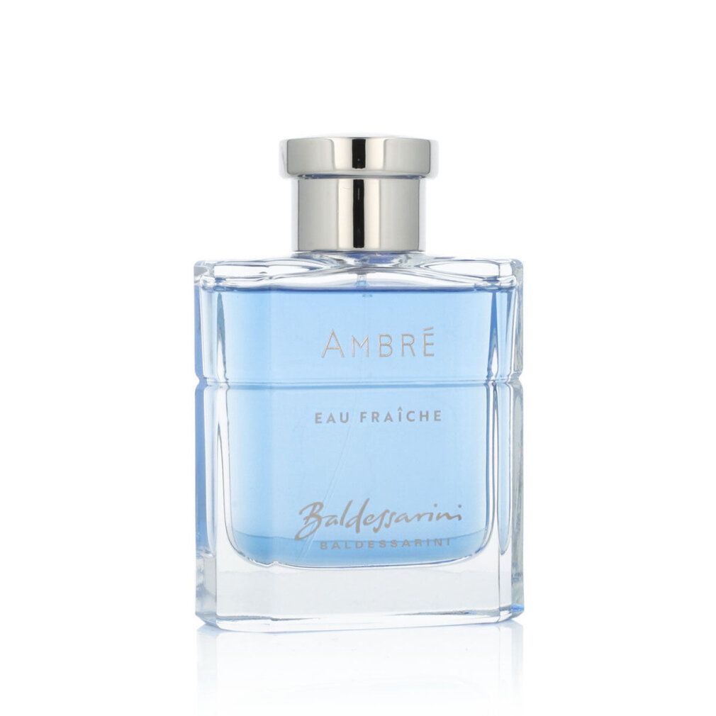 Flacone di profumo blu con tappo argentato. Scritta: Ambre Eau Fraîche, Baldessarini. Forma squadrata.