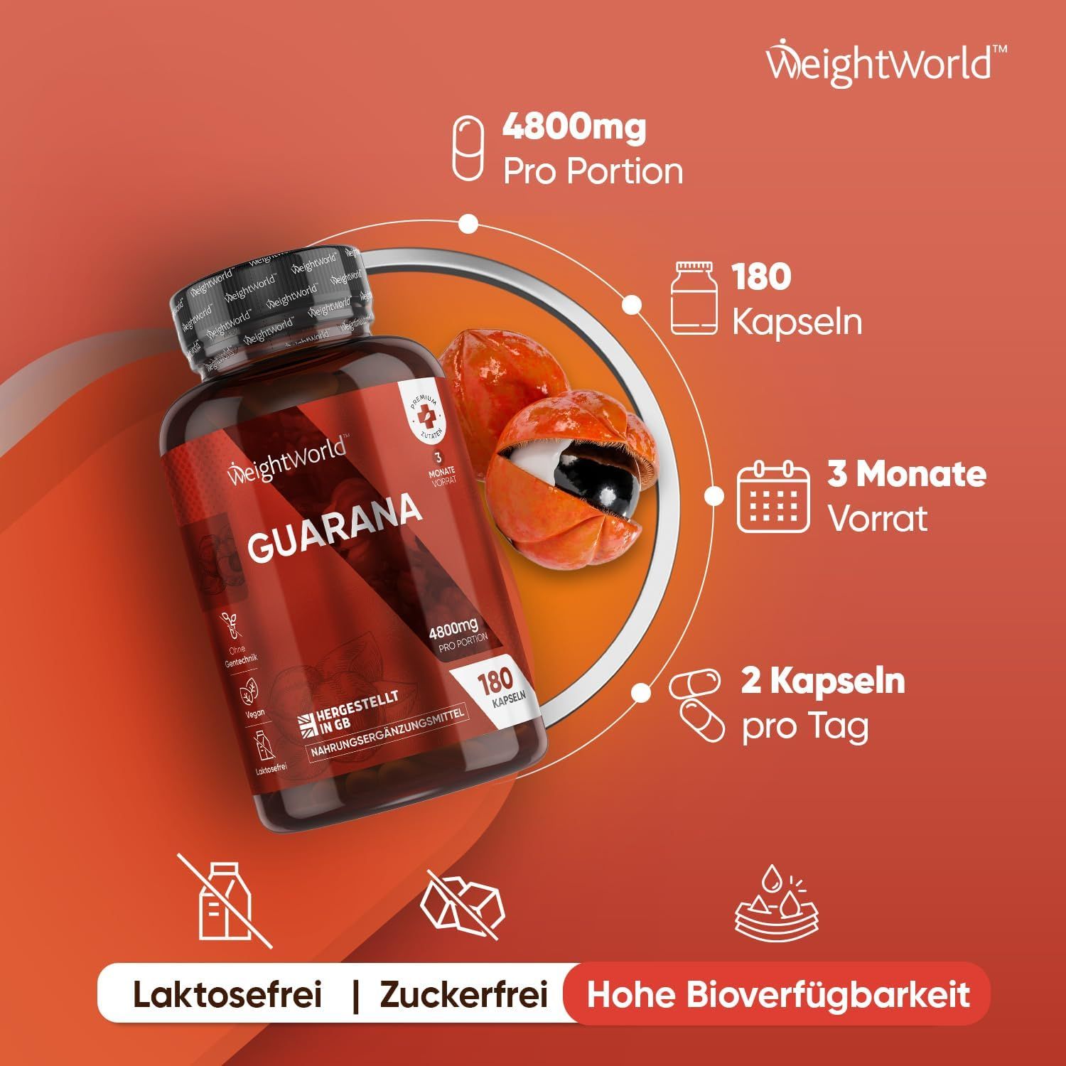 Flacone di capsule di guaranà con informazioni: 4800mg per porzione, 180 capsule, 3 mesi di scorta, 2 capsule al giorno. Testo.