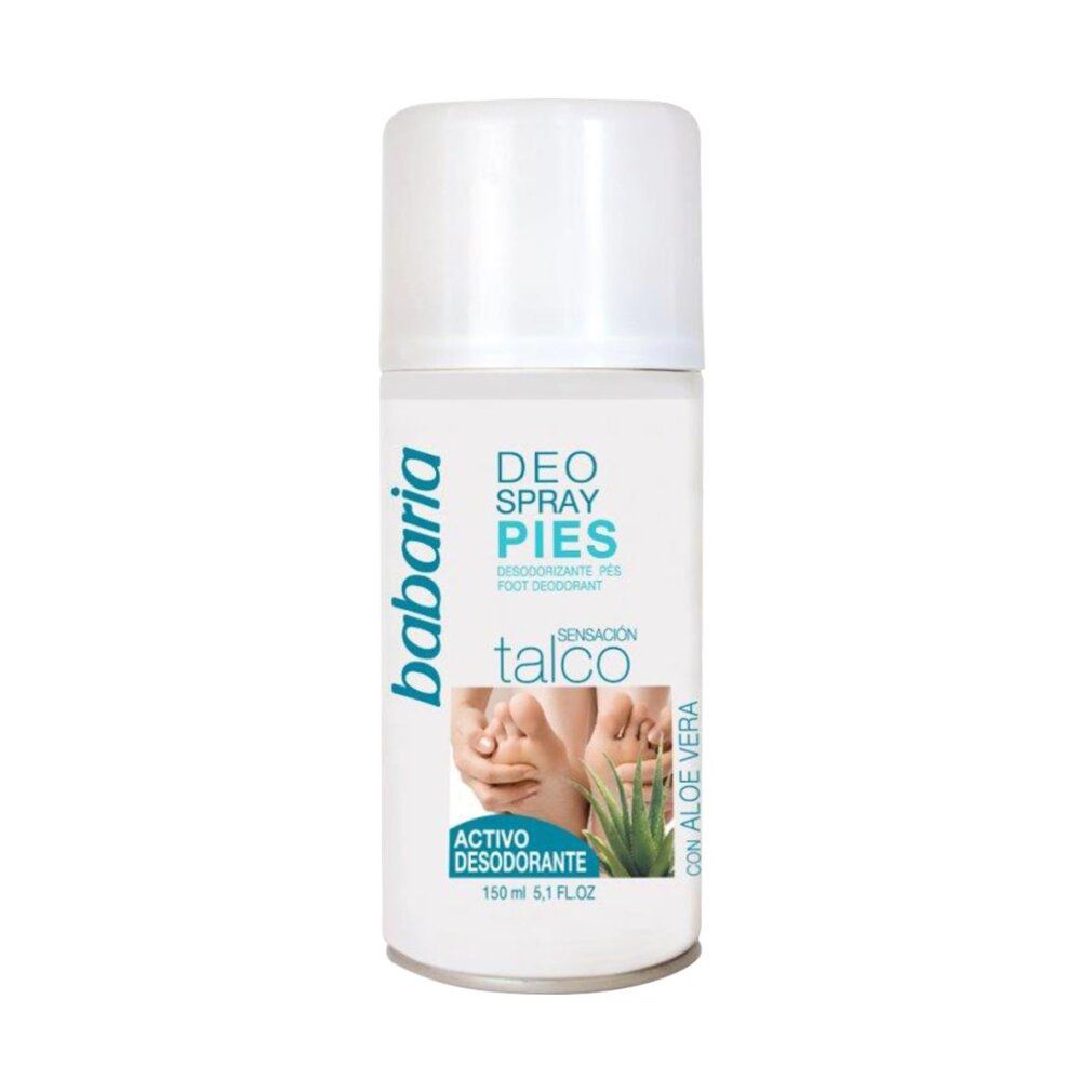 Spray deodorante per piedi Babaria bianco. Scritta: Deo Spray Pies, Talco, Activo Desodorante. Immagine di piedi e aloe vera. Con tappo bianco.