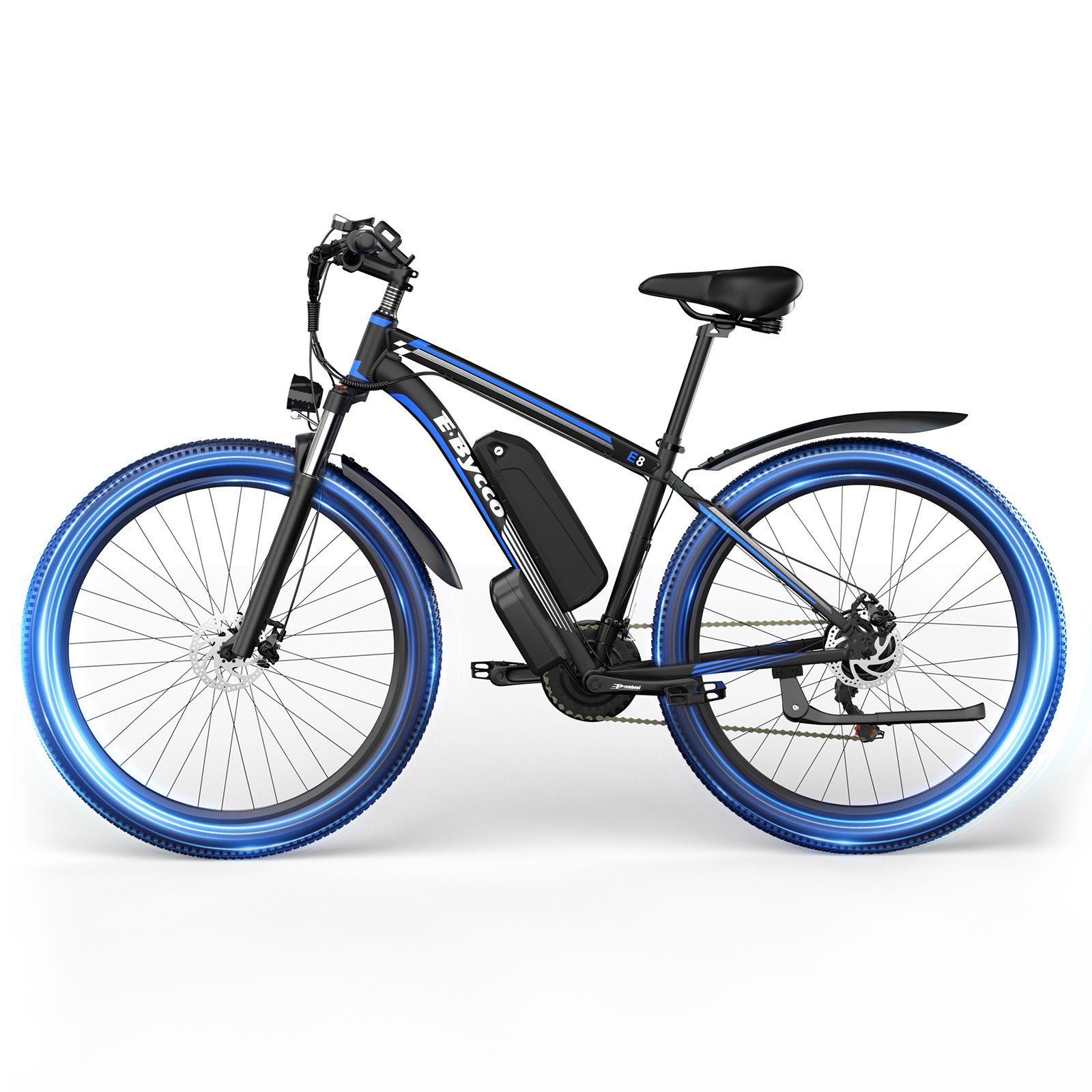E-bike con cerchi blu e telaio nero. Logo E·Bycco. Batteria nera. Dettagli blu.