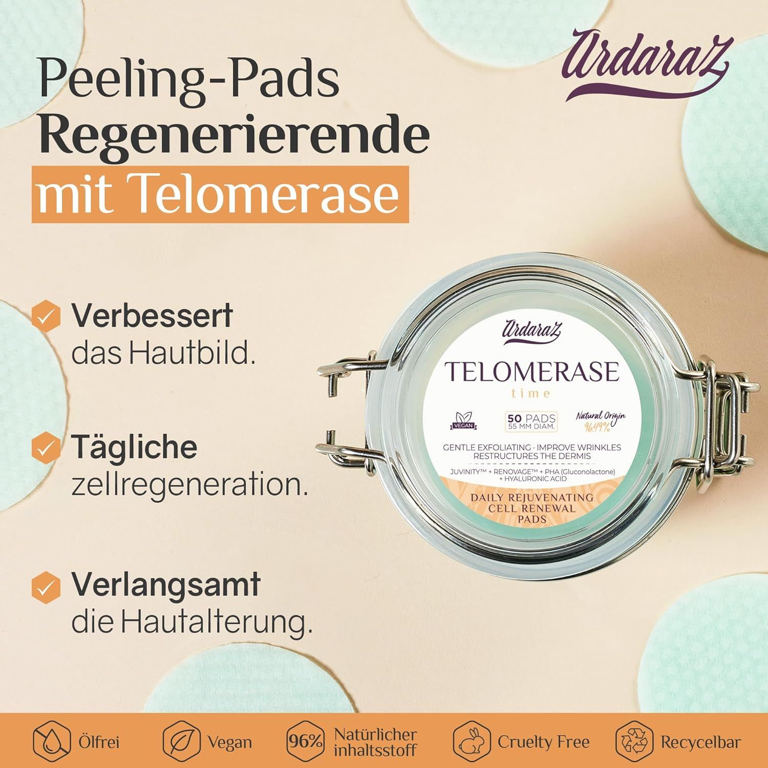Barattolo con dischetti, nome e logo del prodotto. Testo: Dischetti rigeneranti con telomerasi. Vegano, 96% ingredienti naturali.