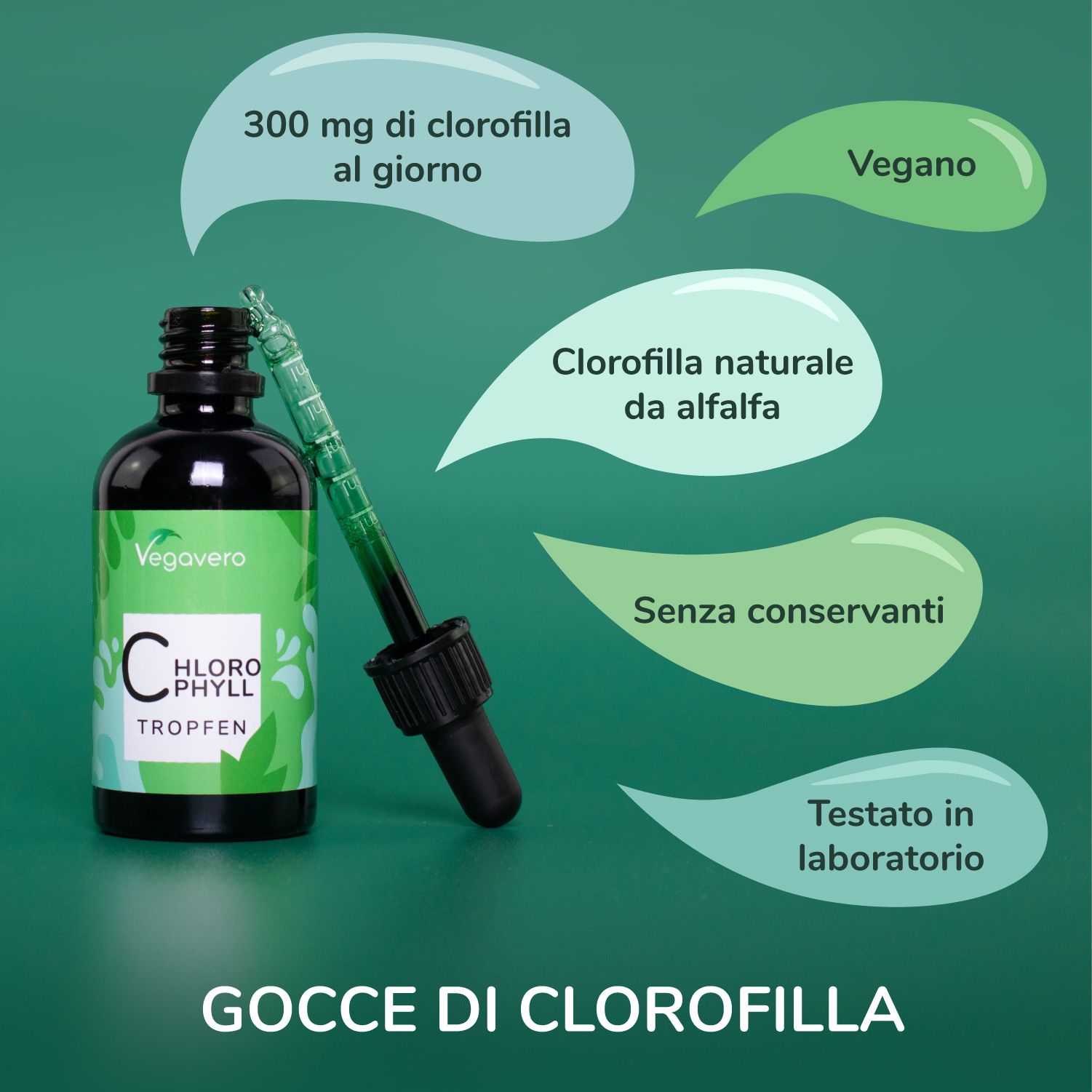 Flacone Chlorophyll Tropfen con contagocce, fumetti verdi con testo: 300 mg Clorofilla, Vegano, Clorofilla naturale, Senza conservanti, Testato in laboratorio.