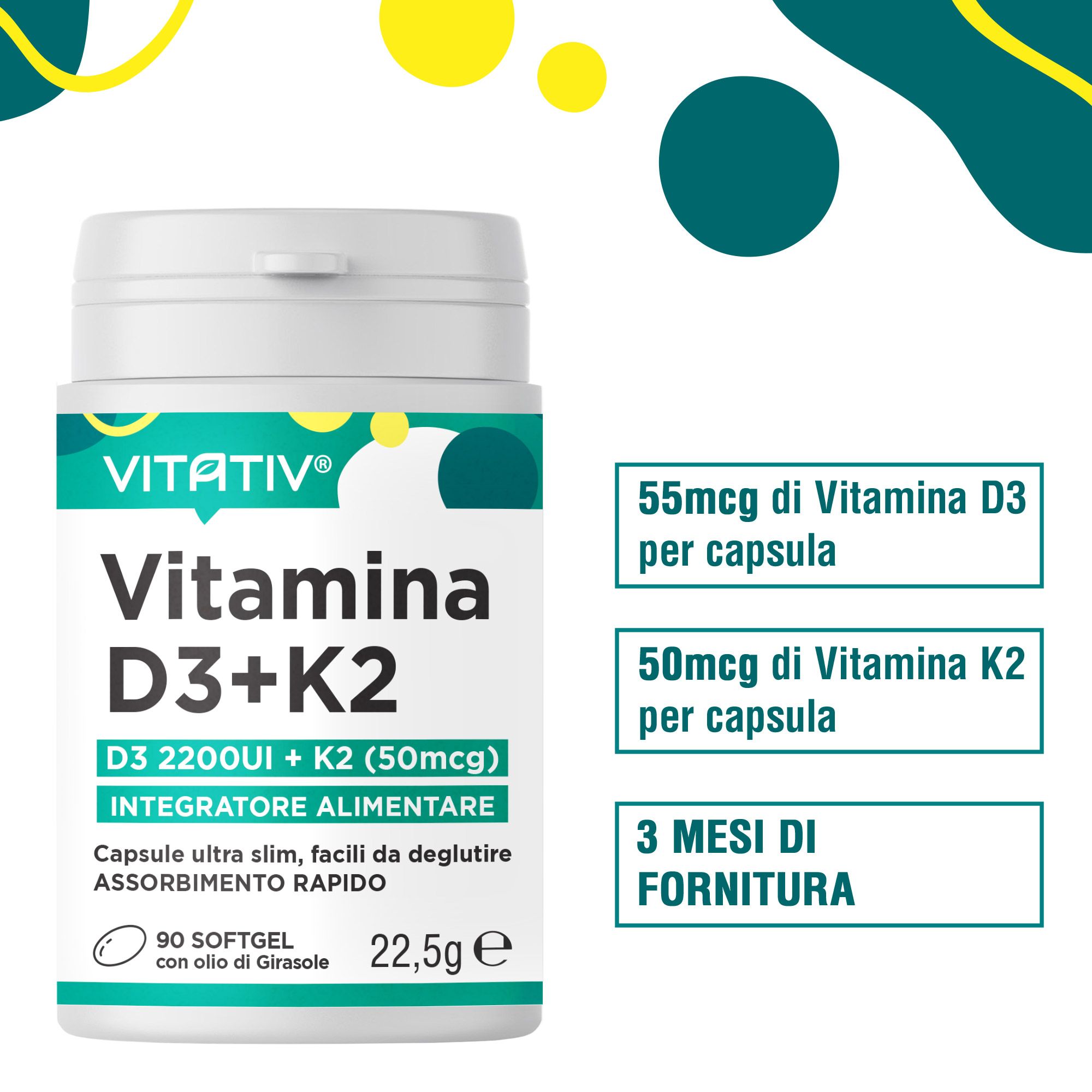 VITATIV® Vitamina D3 + K2 | 90 Mini Softgel | Supporto per Ossa e Denti normali