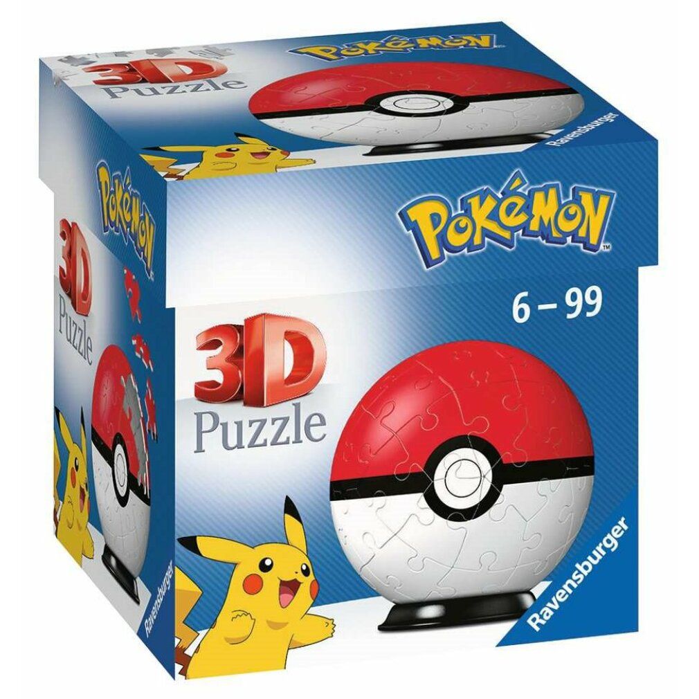 Scatola del puzzle 3D Pokéball. Scatola blu con logo Pokémon, illustrazioni di Pikachu e il puzzle-ball assemblato.