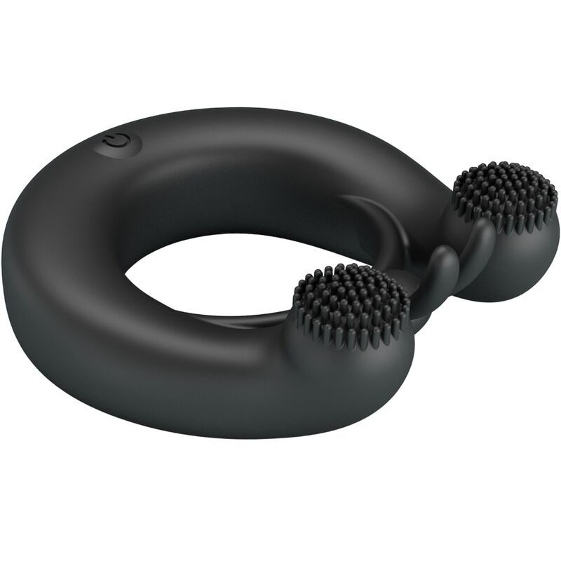 Anello nero con due testine a spazzola e dettaglio orecchie di coniglio.