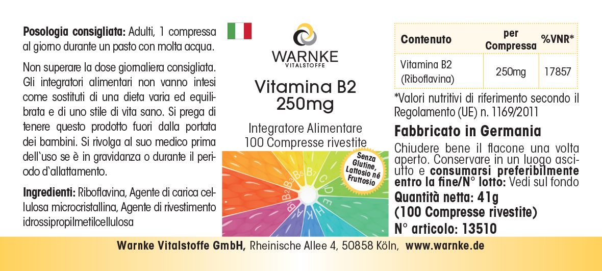 Etichetta con informazioni sul prodotto. Scritta: Vitamina B2 250mg, Warnke. Contiene 100 compresse. Prodotto in Germania.