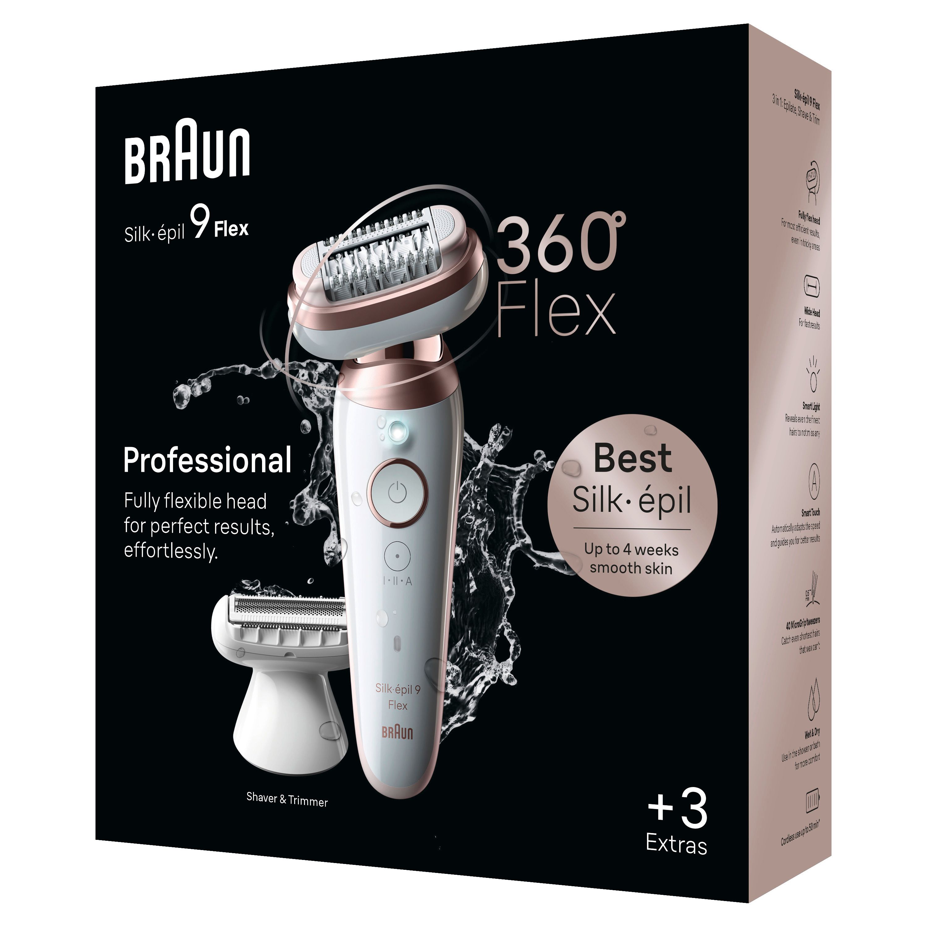 Confezione Braun Silk-épil 9 Flex. Prodotto e accessori su sfondo nero. Testo: 360° Flex, Best Silk-épil.