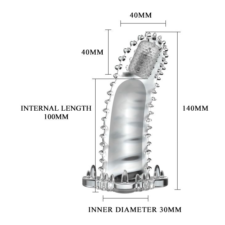 Prodotto trasparente con misure: 140mm lunghezza, 100mm lunghezza interna, 40mm larghezza, 30mm diametro interno. Con borchie.