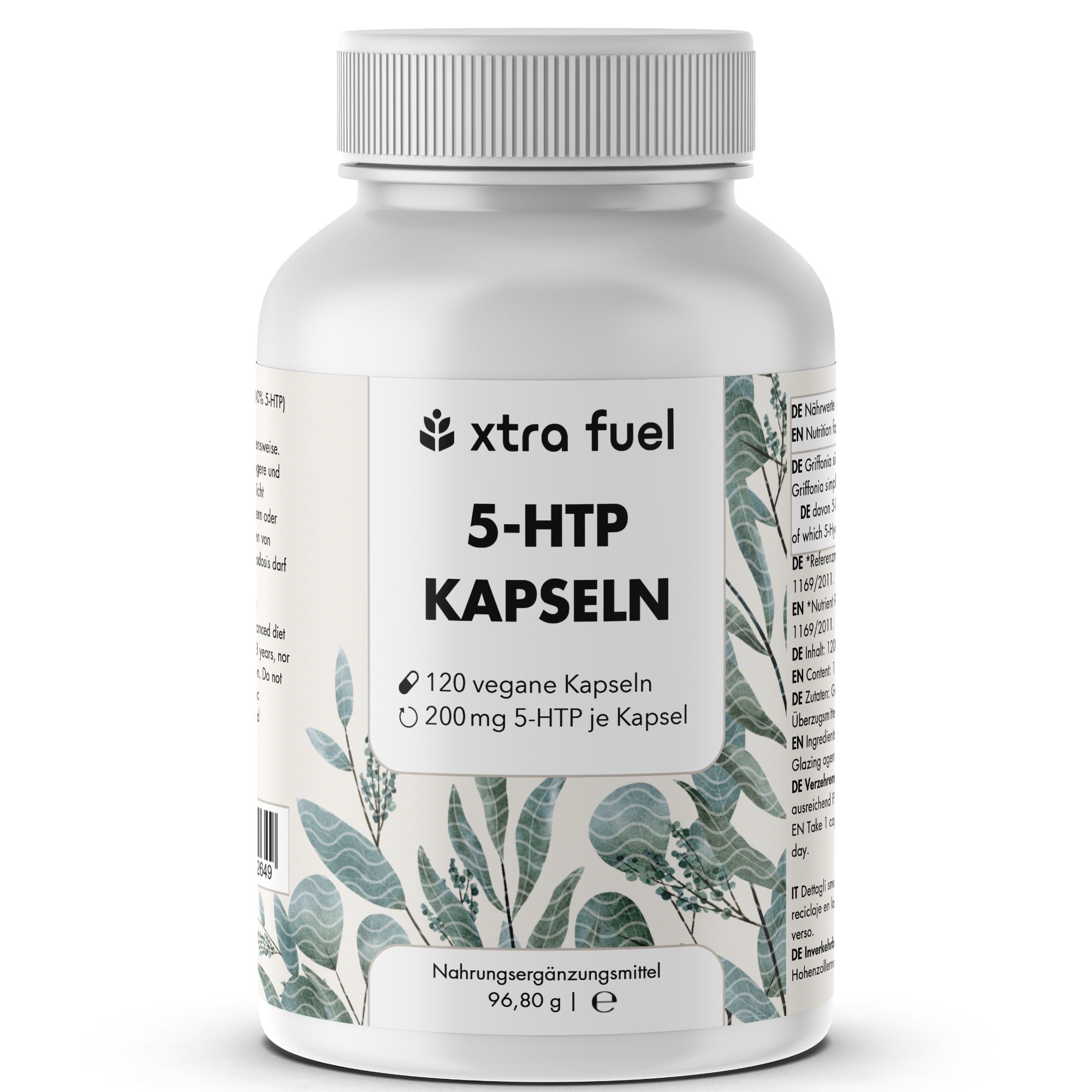 Flacone bianco di capsule. Scritta: Xtra Fuel 5-HTP Kapseln. 120 capsule vegane, 200mg 5-HTP.