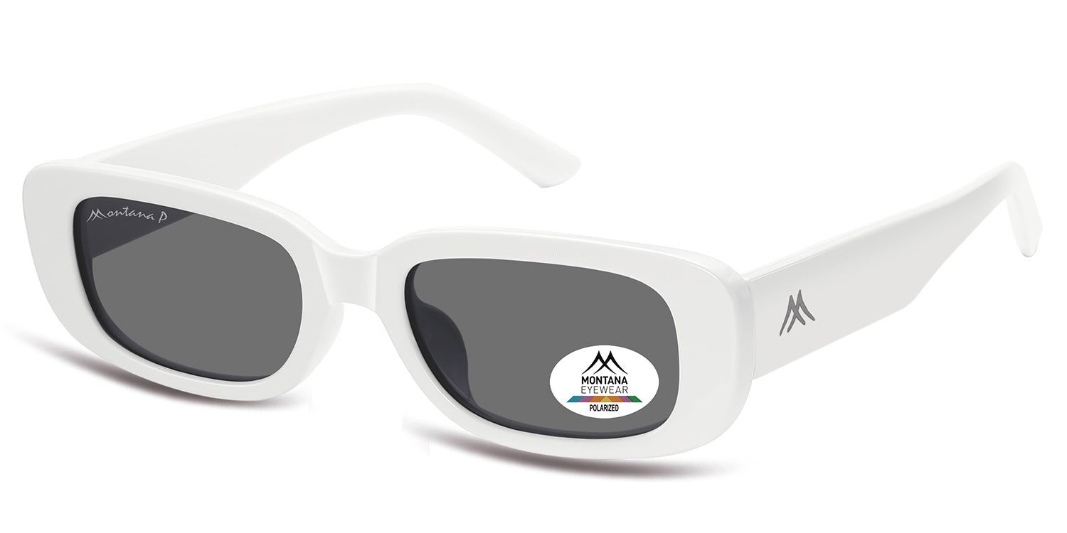 Occhiali da sole con montatura bianca e lenti grigie. Logo "Montana Eyewear" sulla stanghetta e lente.