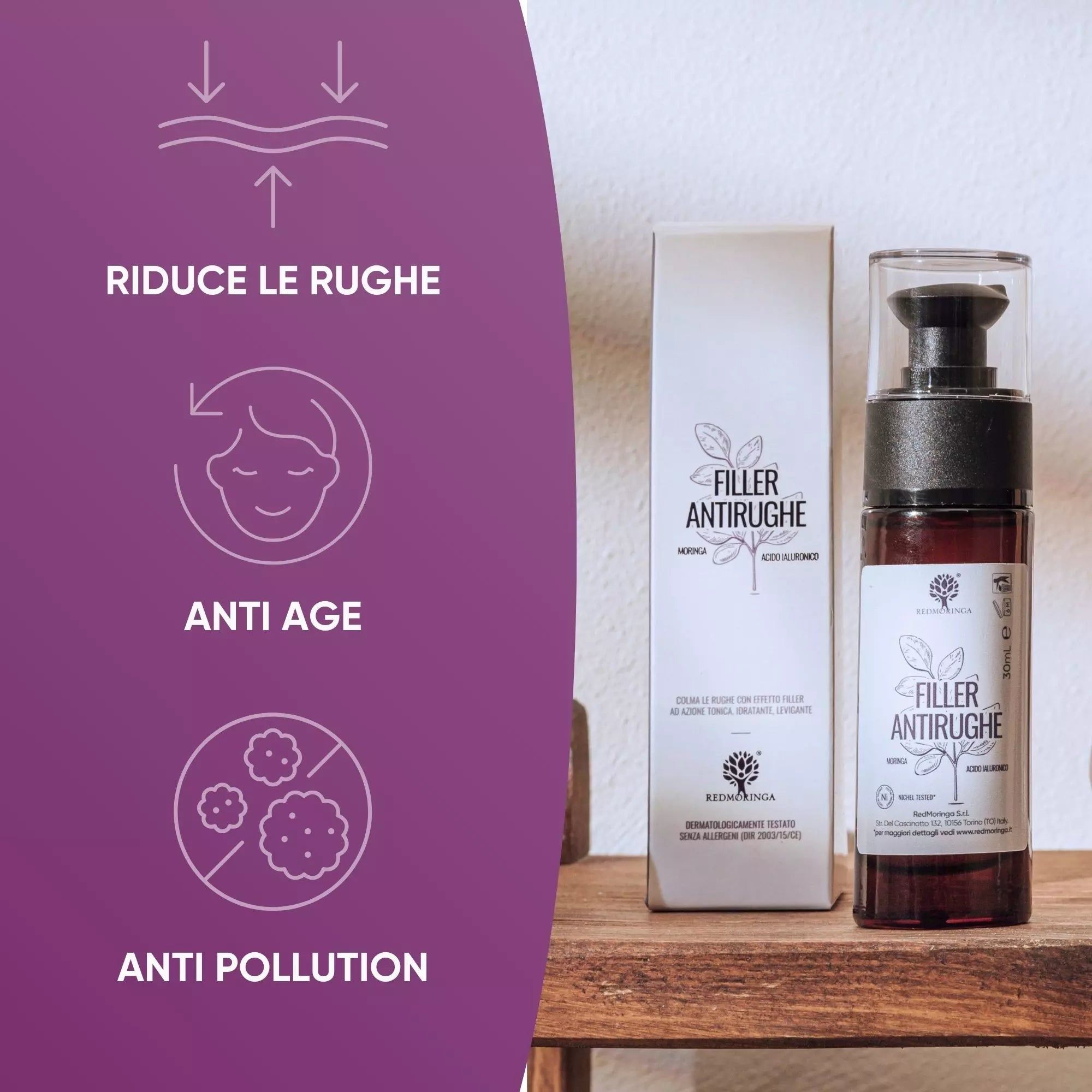 RedMoringa Siero Antirughe Effetto Filler Immediato con Acido Ialuronico e Moringa