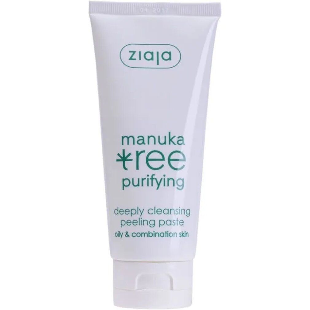 Tubo bianco con stampa verde. Scritta: Ziaja, manuka tree purifying, deeply cleansing peeling paste, oily & combination skin.