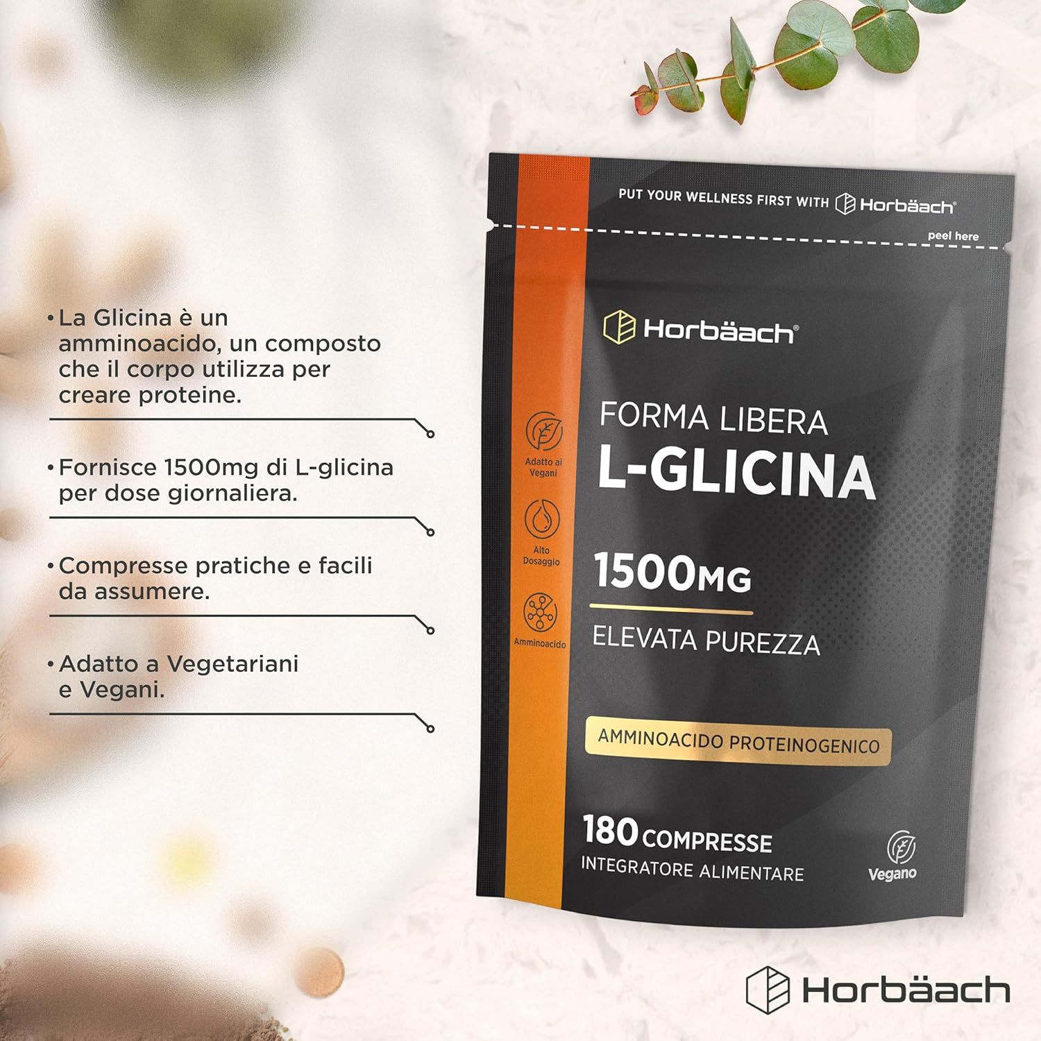 Confezione di L-Glicina 1500mg. 180 compresse. Aminoacido. Vegano.