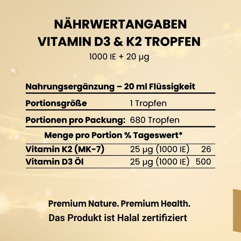 Informazioni nutrizionali per Vitamin D3 & K2 Tropfen. Contiene vitamina K2 e olio di vitamina D3. Testo: Premium Nature. Premium Health. Certificato Halal.