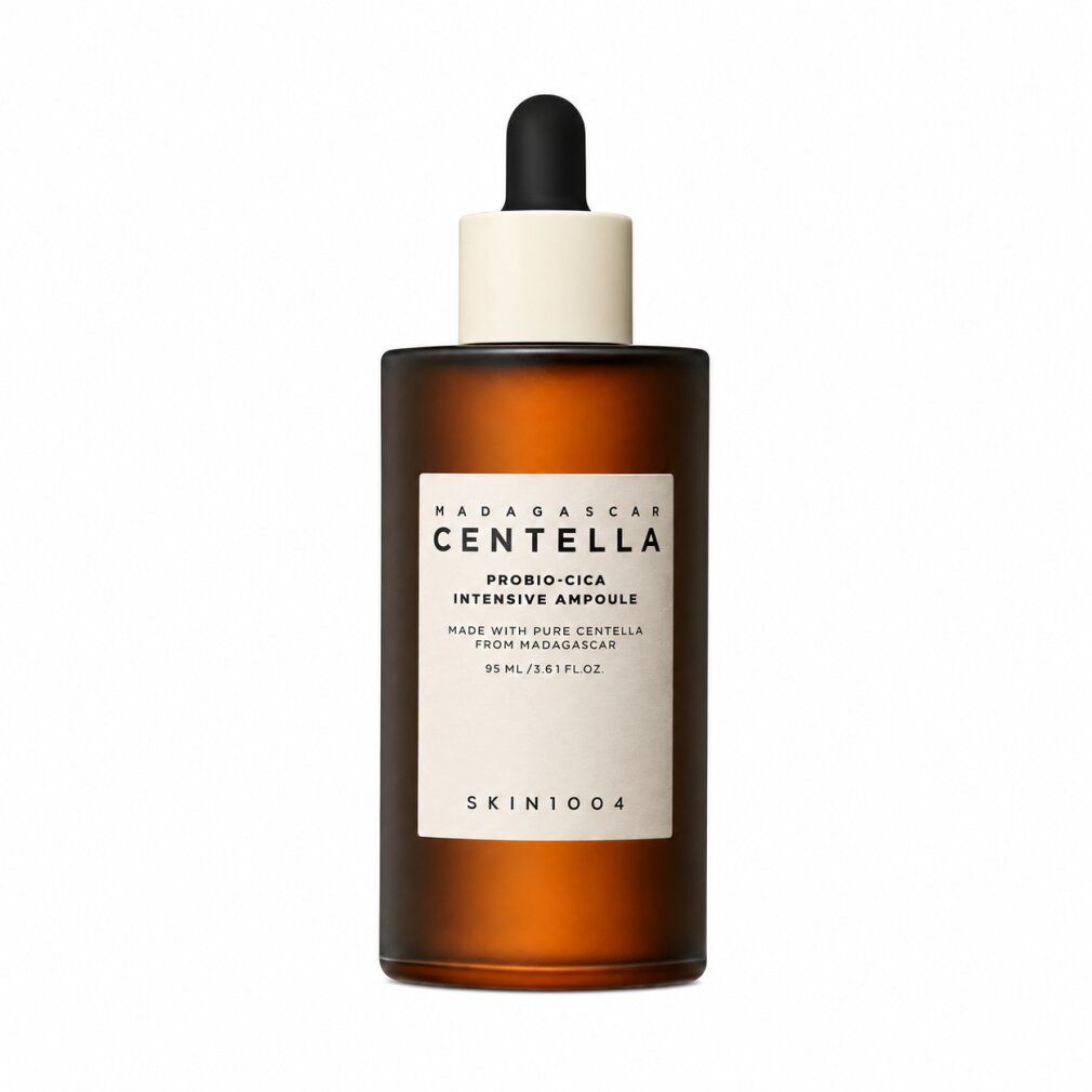 Flacone in vetro marrone con contagocce ed etichetta: Madagascar Centella Probio-Cica Intensive Ampoule.