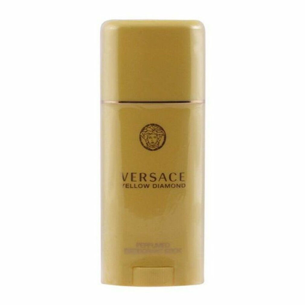 Stick deodorante giallo Versace Yellow Diamond. Forma rettangolare, dettagli dorati e logo. Scritta: Perfumed Deodorant Stick.