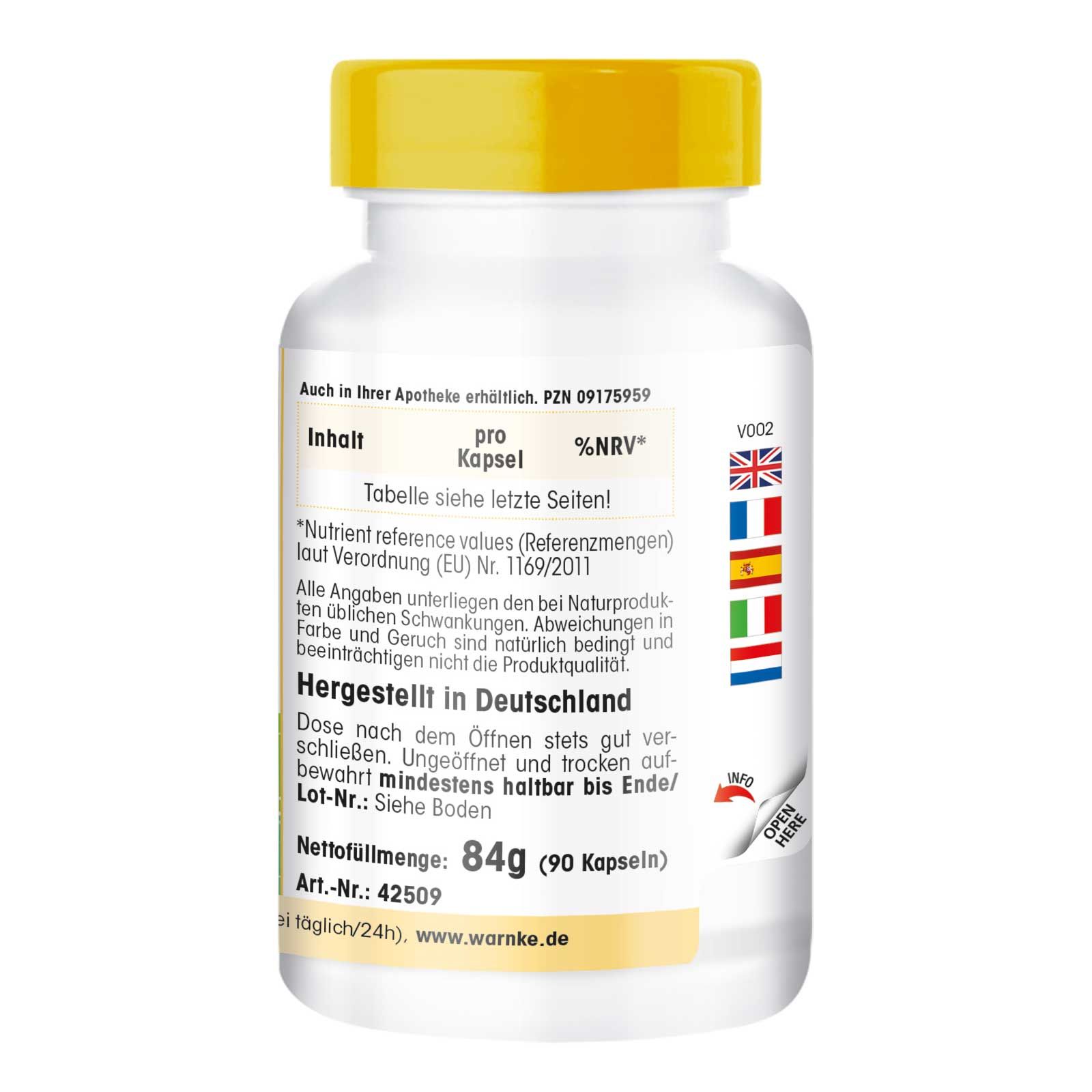 Retro di un flacone di pillole bianco con tappo giallo. Testo: peso netto 84g (90 capsule), Made in Germany, PZN.
