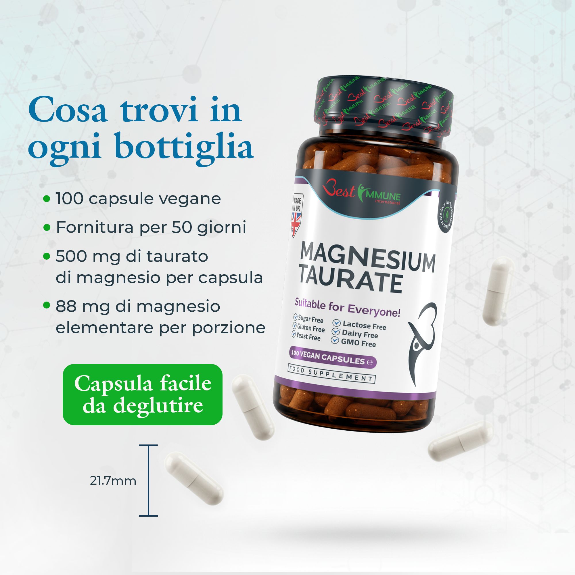 Corridori in una gara, con un contenitore di magnesio taurato in primo piano, che rappresenta un apporto delicato ed efficace.
