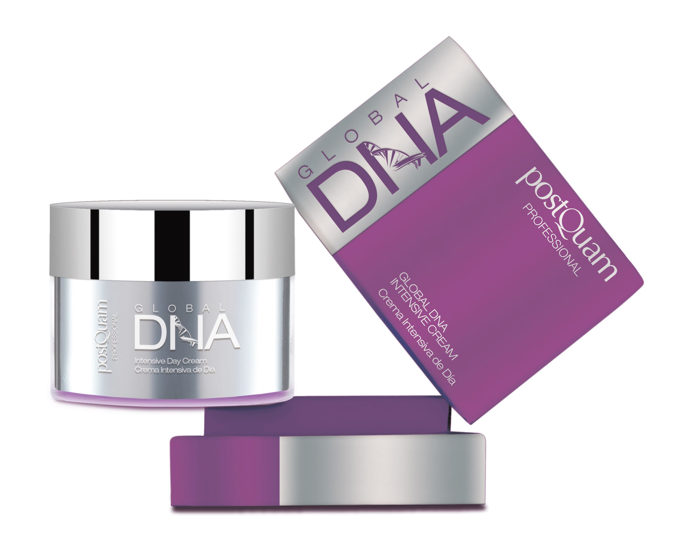 Vasetto di crema e confezione. Nome prodotto: Global DNA Intensive Day Cream. Marchio: Postquam. Confezione viola.