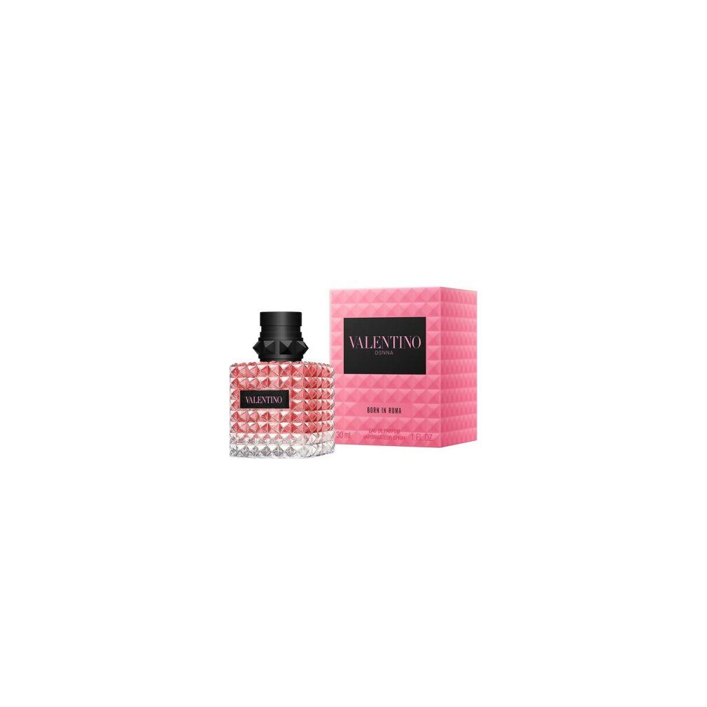 Valentino Born In Roma Eau de Parfum. Scatola e flacone rosa. Tappo nero. Testo: Valentino, Born in Roma, Donna.