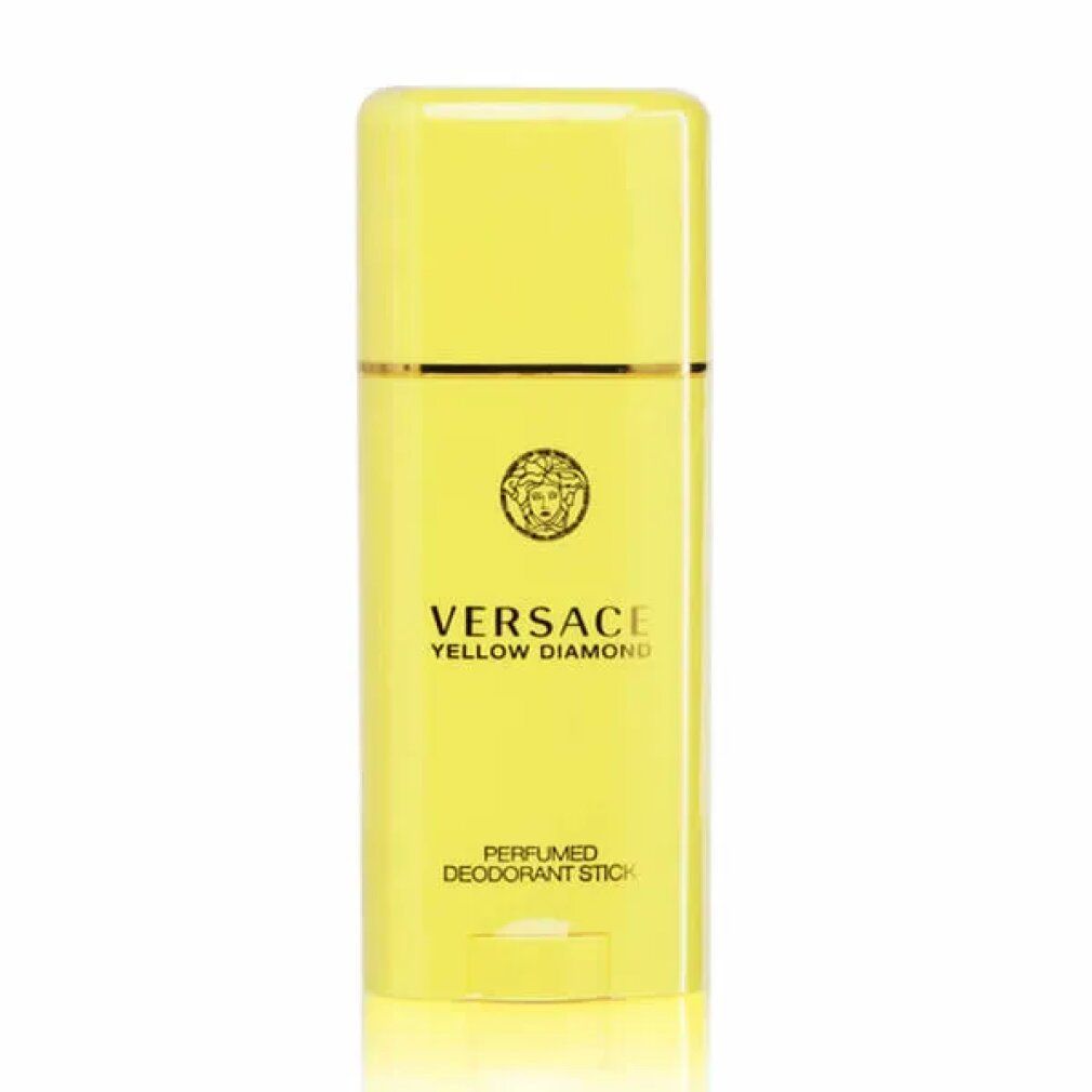 Stick deodorante giallo Versace Yellow Diamond. Forma rettangolare, dettagli dorati e logo. Scritta: Perfumed Deodorant Stick.