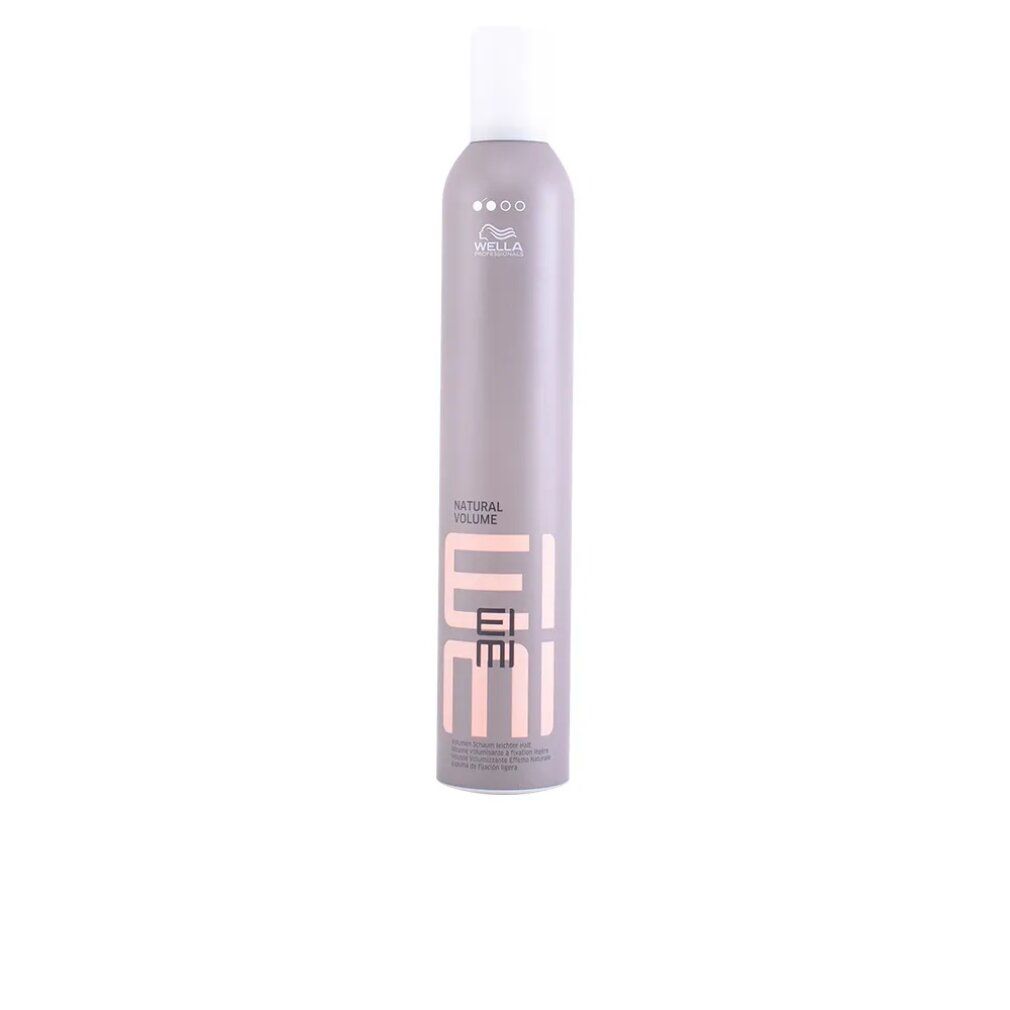 Flacone spray grigio con tappo bianco. Scritta: EIMI Natural Volume. Marchio: Wella.
