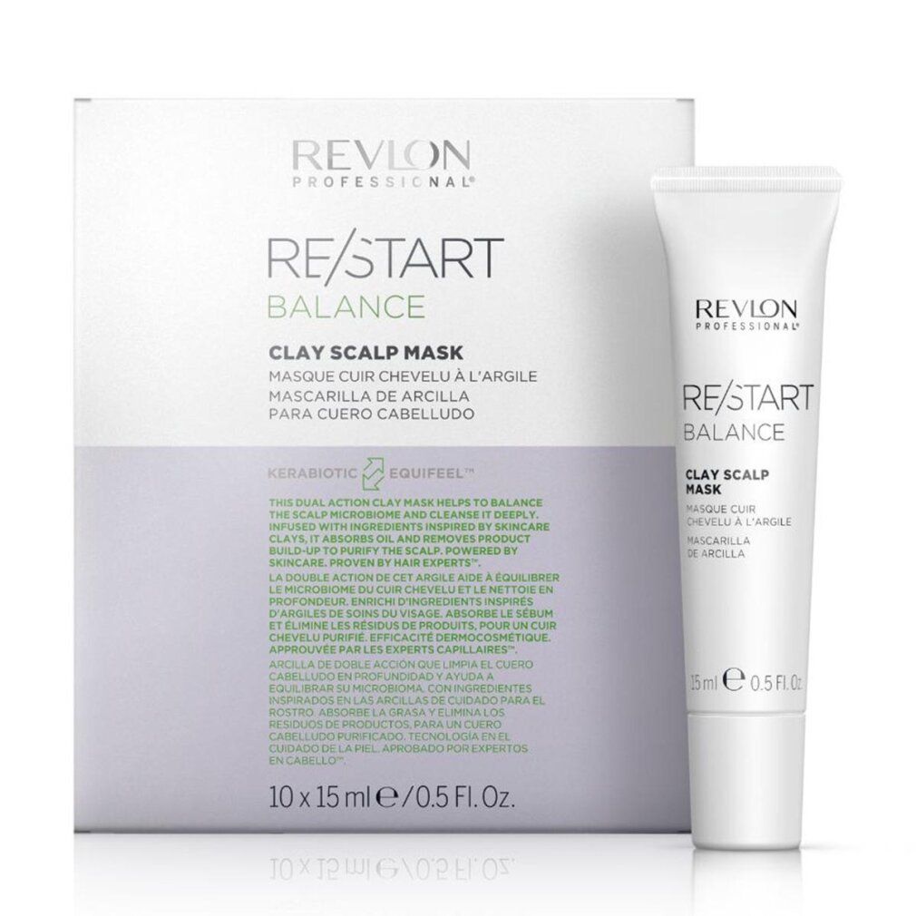 Confezione prodotto con un tubetto. Sulla confezione è scritto "Revlon Professional Re/Start Balance Clay Scalp Mask".