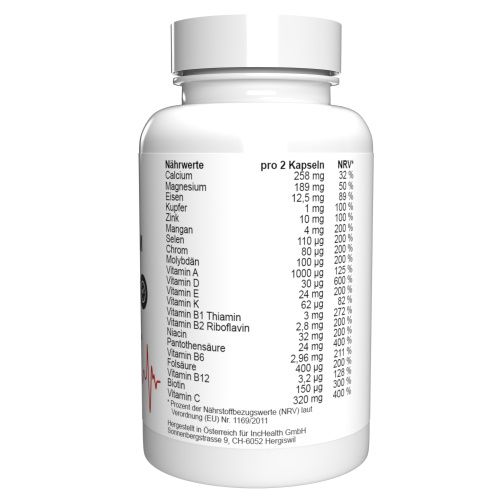 Flacone bianco con tabella nutrizionale in tedesco. Contiene informazioni su minerali e vitamine.