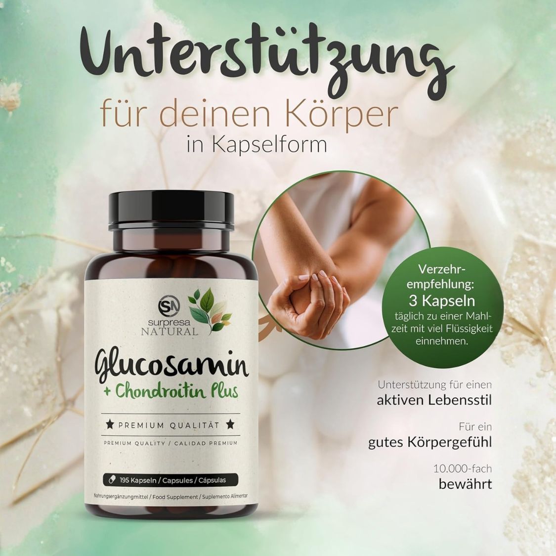Flacone Surpresa Natural Glucosamin + Chondroitin Plus accanto a una persona con dolore al gomito.