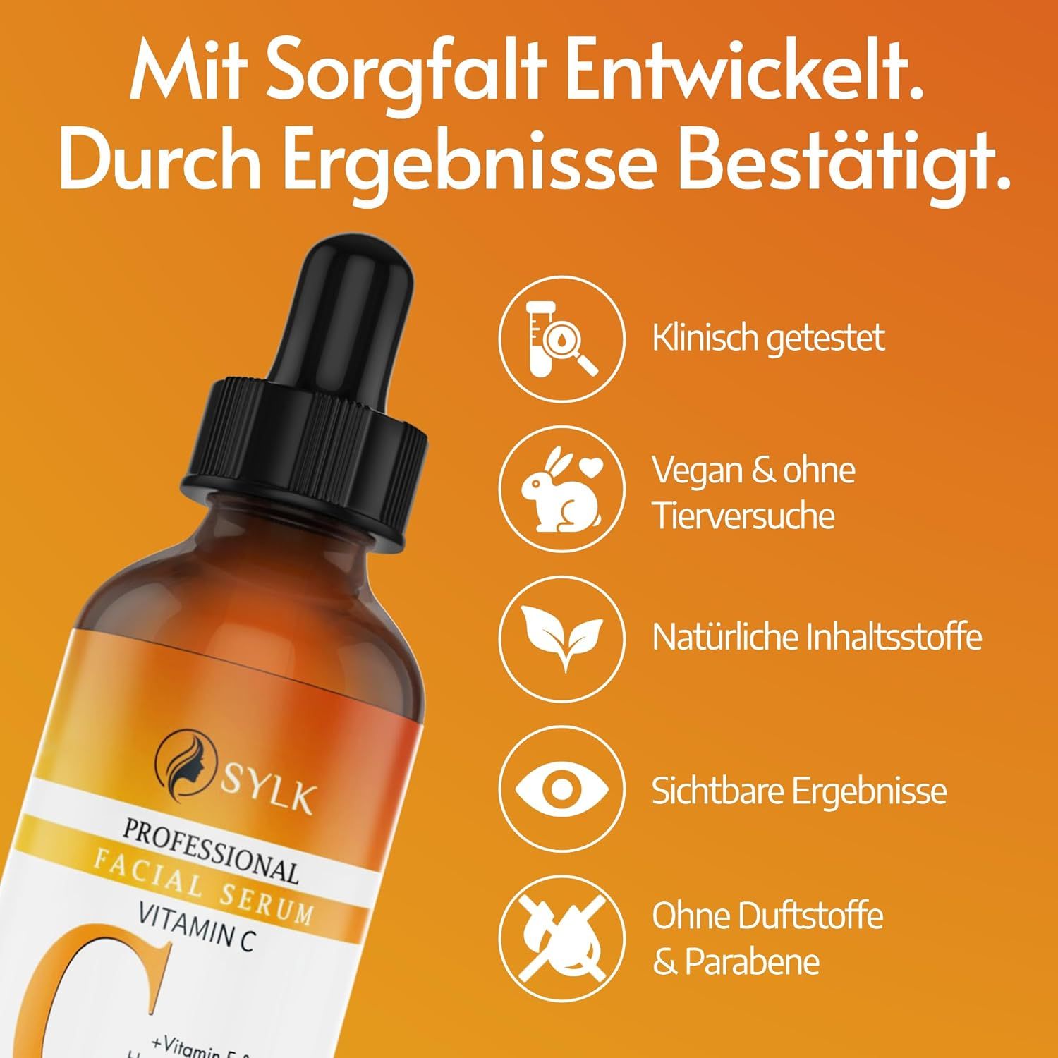 Flacone SYLK Professional Facial Serum Vitamina C. Testo: Clinicamente testato, vegano, ingredienti naturali, risultati visibili.
