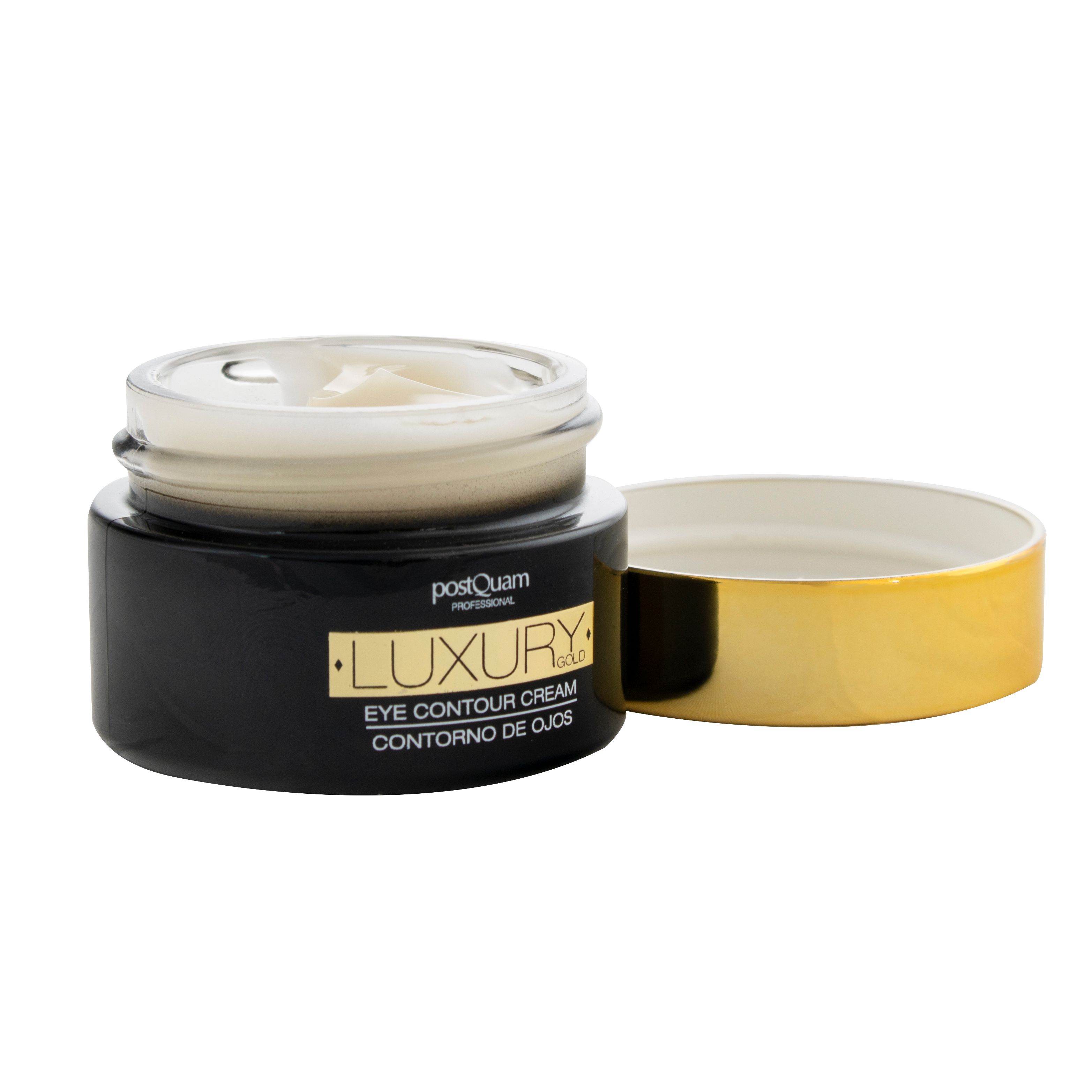 Vasetto aperto con crema. Coperchio dorato accanto. Scritta: LUXURY GOLD EYE CONTOUR CREAM. Marchio: postQuam.